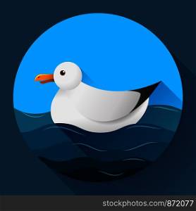 Flat seagull character icon on blue sea background.. Flat seagull character icon on blue sea background