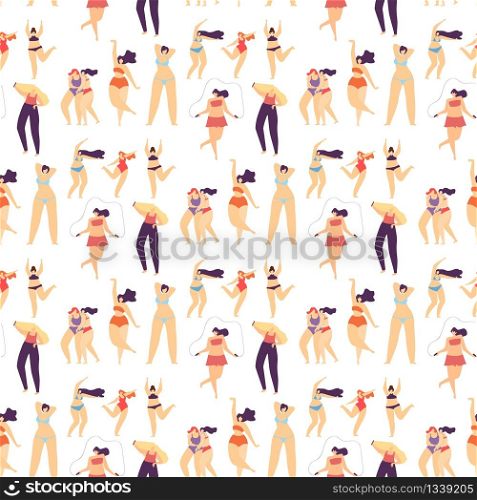Flat Seamless Pattern Active Sporty Plus Size Girl Motivational Texture Body Positive Concept Love Yourself Inspiration Repeat Vector Illustration with Dancing Doing Fitness Posing in Bikini Woman. Flat Seamless Pattern Active Sporty Plus Size Girl