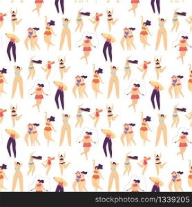 Flat Seamless Pattern Active Sporty Plus Size Girl Motivational Texture Body Positive Concept Love Yourself Inspiration Repeat Vector Illustration with Dancing Doing Fitness Posing in Bikini Woman. Flat Seamless Pattern Active Sporty Plus Size Girl