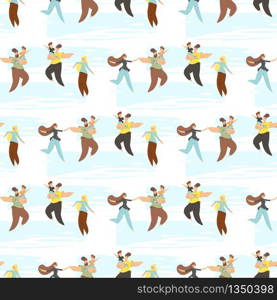 Flat Seamless Pattern Cartoon Happy Craft Family. Endless Rustic Wallpaper with parents and Children in Traditional Farmers Clothes. Woman and Man with Boy in Hands. Vector Repeated Illustration. Flat Seamless Pattern Cartoon Happy Craft Family
