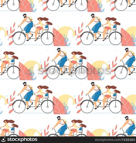 Flat Seamless Pattern with Family on Tandem Bike. Father, Mother with Daughter Riding Bicycle. Happy Family. Spending Active Time Together. Parents Day. Vector Illustration. Flat Natural Background. Flat Seamless Pattern with Family on Tandem Bike
