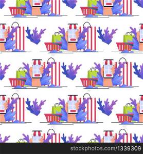 Flat Seamless Pattern with Hand Holding Phone and Shopping Bags, Baskets. Online Purchase. Shop Application. Sales Theme. Great Discount Wallpaper Template. Vector Repeat Commerce Illustration. Seamless Pattern with Hand Holding Phone and Bags