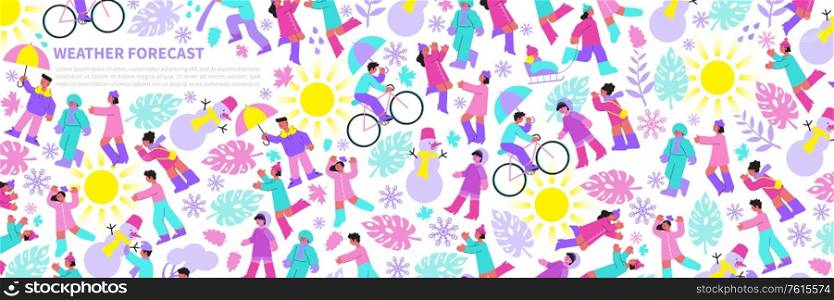 Flat seamless pattern with people outdoors and weather in different seasons vector illustration