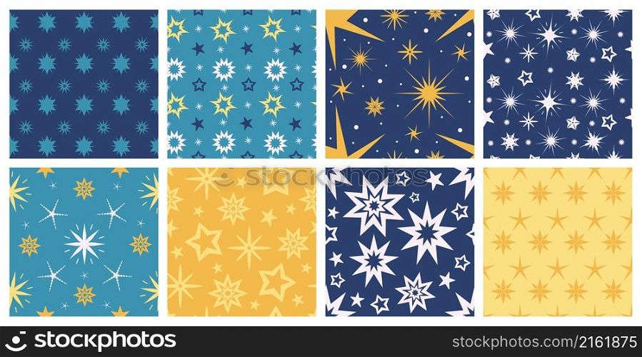 Flat seamless patterns with colorful stars for nursery wallpaper. Starry night sky texture. Blue cartoon galaxy with star symbols vector set. Glaring, falling and exploding lights textile. Flat seamless patterns with colorful stars for nursery wallpaper. Starry night sky texture. Blue cartoon galaxy with star symbols vector set