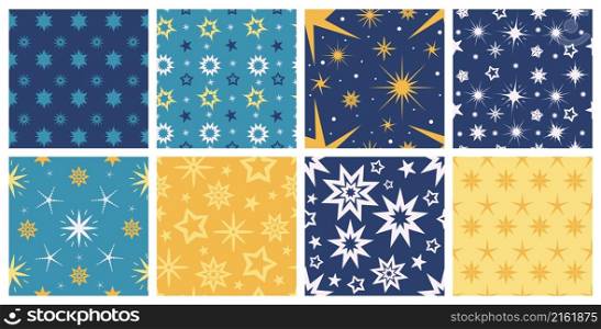 Flat seamless patterns with colorful stars for nursery wallpaper. Starry night sky texture. Blue cartoon galaxy with star symbols vector set. Glaring, falling and exploding lights textile. Flat seamless patterns with colorful stars for nursery wallpaper. Starry night sky texture. Blue cartoon galaxy with star symbols vector set