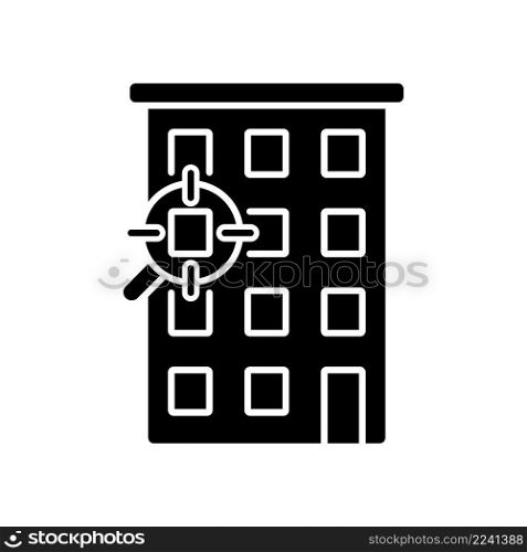 Flat search services black glyph icon. Help to find dwelling. Rent apartment and housing unit. Real estate. Silhouette symbol on white space. Solid pictogram. Vector isolated illustration. Flat search services black glyph icon
