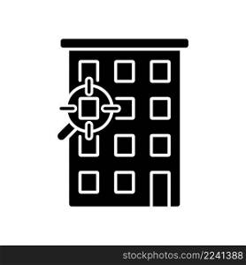 Flat search services black glyph icon. Help to find dwelling. Rent apartment and housing unit. Real estate. Silhouette symbol on white space. Solid pictogram. Vector isolated illustration. Flat search services black glyph icon