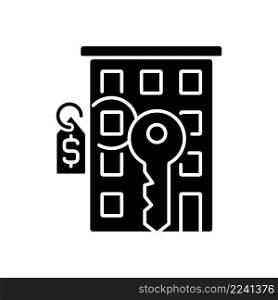 Flat selling black glyph icon. Purchasing apartment. Real estate. Property selling. Appropriate price. Silhouette symbol on white space. Solid pictogram. Vector isolated illustration. Flat selling black glyph icon