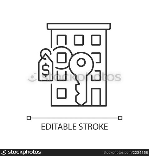 Flat selling linear icon. Purchasing apartment. Real estate. Property sale. Appropriate price. Thin line illustration. Contour symbol. Vector outline drawing. Editable stroke. Arial font used. Flat selling linear icon