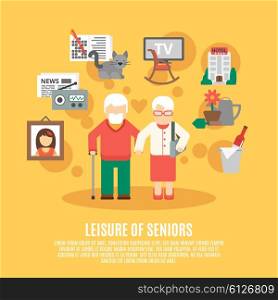 Flat Senior Poster. Leisure of seniors poster with elder couple and icons of time spent options around flat vector illustration