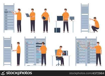 Flat server and computer repairman, technicians and system administrators. Data servers network maintenance and support workers vector set. Illustration of technician repairman. Flat server and computer repairman, technicians and system administrators. Data servers network maintenance and support workers vector set