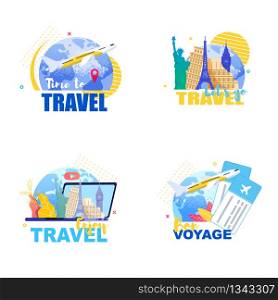 Flat Set Banner Illustration Travel Around Earth. Vector Image Icon Plane Flying against Background Planet. Historical Sights. View a Video Travel Blog on Laptop. Boarding Plane Tickets