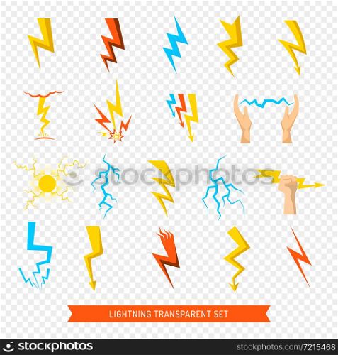 Flat set of bright colorful lightnings and fireball isolated on transparent background vector illustration. Lightning Icons Transparent Set