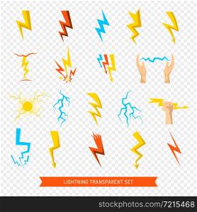 Flat set of bright colorful lightnings and fireball isolated on transparent background vector illustration. Lightning Icons Transparent Set