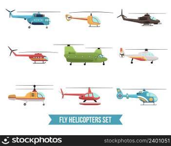 Flat set of different flying colorful helicopters isolated on white background vector illustration. Flying Helicopters Set