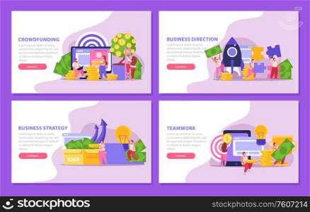 Flat set of four crowdfunding banners with people collecting and investing money for projects isolated vector illustration