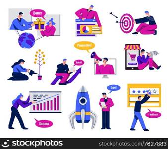 Flat set of icons for marketing business with human characters rocket diagram graph isolated on white background vector illustration