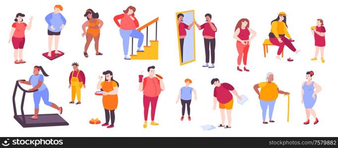 Flat set of icons with fat people measuring and weighing themselves eating junk food and doing sports isolated on white background vector illustration