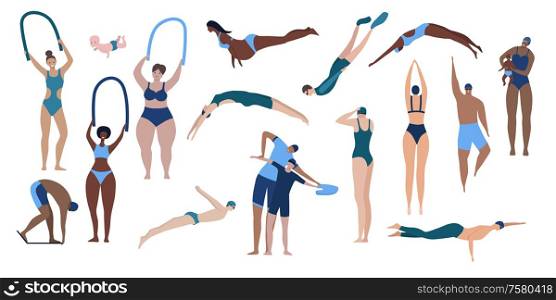Flat set of icons with people swimming diving and training in pool isolated on white background vector illustration