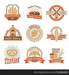 Flat set of logos and emblems for bakery with baked goods isolated on white background vector illustration. Bakery Logo Emblem Set