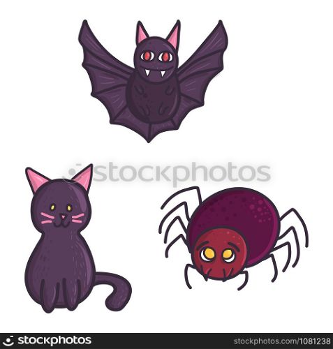 Flat set with funny bat, cat and spider for decoration design. Vector cartoon illustration. Halloween monster icons.. Flat set with funny bat, cat and spider for decoration design.