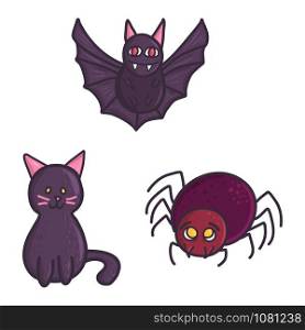 Flat set with funny bat, cat and spider for decoration design. Vector cartoon illustration. Halloween monster icons.. Flat set with funny bat, cat and spider for decoration design.