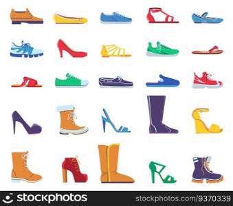 Flat shoes. Fashion footwear for women and men. Sneakers, sandals, ballets and stiletto heel shoe. Trendy boots designs vector set. Illustration fashion footwear, foot design casual woman and man. Flat shoes. Fashion footwear for women and men. Sneakers, sandals, ballets and stiletto heel shoe. Trendy cartoon boots designs vector set