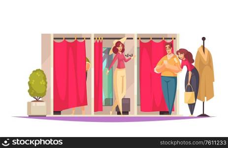 Flat shopping composition with fitting room in the store and people there vector illustration