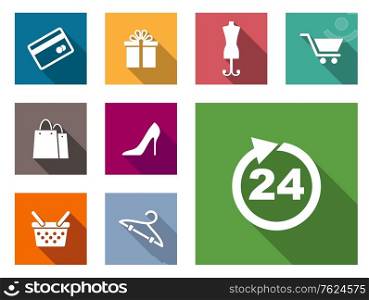 Flat shopping icons on colorful web buttons
