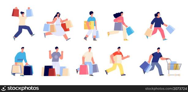 Flat shopping persons. Shop couple, people with cart and purchase. Woman man holding bags box, isolated discount buyers utter vector characters. Illustration buyer with purchase in cart. Flat shopping persons. Shop couple, people with cart and purchase. Woman man holding bags box, isolated discount buyers utter vector characters