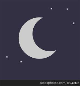 Flat silver moon icon with vector shape stars on a dark blue black background. EPS 10 illustration