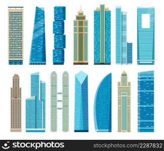 Flat skyscrapers, business office towers, modern glass skyscraper. Downtown apartment building, residential city architecture vector set. Illustration of tower skyscraper urban. Flat skyscrapers, business office towers, modern glass skyscraper. Downtown apartment building, residential city architecture vector set