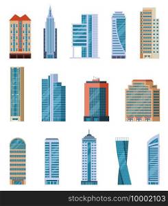 Flat skyscrapers. Modern city tall buildings. Residential and office houses exterior. Apartment blocks isolated cartoon vector set. Illustration skyscraper construction, tall building architecture. Flat skyscrapers. Modern city tall buildings. Residential and office houses exterior. Apartment blocks isolated cartoon vector set