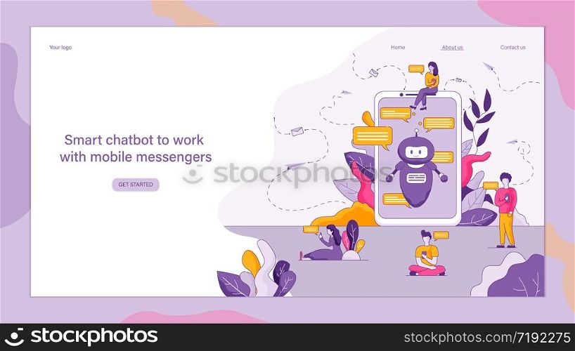 Flat Smart Chatbot to Work with Mobile Messengers. Vector Illustration Mobile Phone Screen with Open Chat Communication. Robot Automatically Responds Online to Group People. Men and Women Use Device