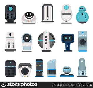 Flat smart speakers and home voice assistant devices. Audio ai control interface for internet of things. Digital house technology vector set. Illustration of voice speaker device. Flat smart speakers and home voice assistant devices. Audio ai control interface for internet of things. Digital house technology vector set