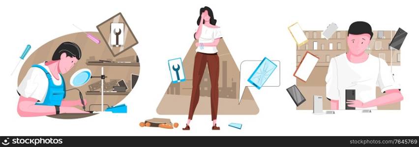 Flat smartphone composition with girl and broke phone repair master and buying device at the store vector illustration