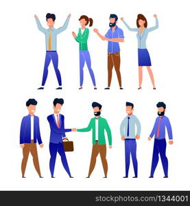 Flat Smiling People Staff Crowd Cartoon Set. Man and Woman in Office Suits Greeting New Male Employee. Team Boss Shaking Partner Hand. Agreement or Deal Idea. Vector Various Characters Illustration. Flat Smiling Office People Staff Crowd Cartoon Set
