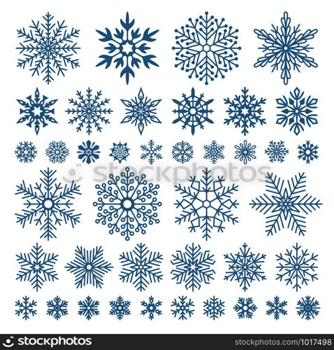 Flat snowflakes. Winter snowflake crystals, christmas snow shapes and frosted cool blue icon, cold xmas season frost snowfall decoration. Vector isolated symbol set. Flat snowflakes. Winter snowflake crystals, christmas snow shapes and frosted cool icon vector symbol set