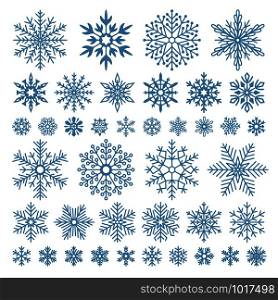 Flat snowflakes. Winter snowflake crystals, christmas snow shapes and frosted cool blue icon, cold xmas season frost snowfall decoration. Vector isolated symbol set. Flat snowflakes. Winter snowflake crystals, christmas snow shapes and frosted cool icon vector symbol set