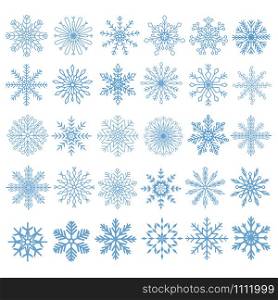 Flat snowflakes. Winter snowflake crystals, christmas snow shapes and frosted cool blue icon, cold xmas season frost snowfall decoration. Vector isolated symbol set