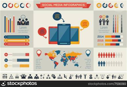 Flat Social Media Infographics plus Icon Set. Vector.