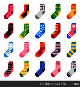 Flat socks. Long sock for child feet, elastic colorful fabric and striped Xmas warm kids ankle or sport feet cotton or wool comfort clothes vector isolated icons set. Flat socks. Long sock for child feet, elastic colorful fabric and striped warm kids ankle clothes vector icons set