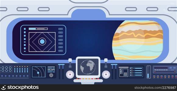 Flat spaceship cabin with control panels dashboard and porthole. Spacecraft screen and buttons. Space navigation center room vector interior. Futuristic cosmic ship cockpit, galaxy exploration. Flat spaceship cabin with control panels dashboard and porthole. Spacecraft screen and buttons. Space navigation center room vector interior