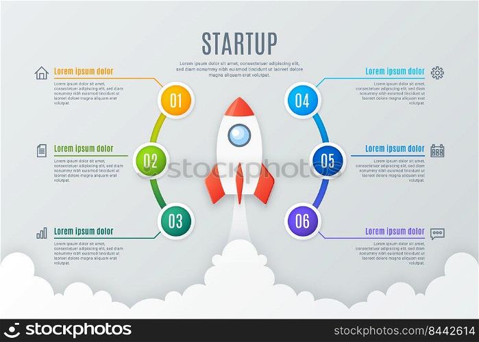 Flat startup infographic rocket concept