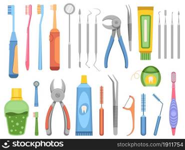 Flat stomatology clinic equipment, dentist tools, toothbrushes and mouthwash. Mouth and teeth, oral care professional instruments vector set. Dentistry healthcare equipment for problem prevention