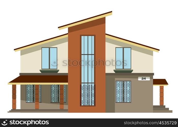 Flat style. Cartoon building. Modern two-storey private house with a sloping roof on a white &#xA;background. Isolate. Icon Building. Element for the site estate agency. Symbol of wealth and &#xA;success.