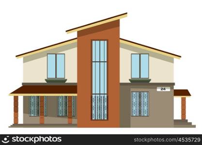 Flat style. Cartoon building. Modern two-storey private house with a sloping roof on a white &#xA;background. Isolate. Icon Building. Element for the site estate agency. Symbol of wealth and &#xA;success.