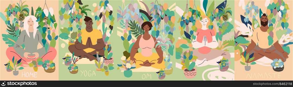Flat style cartoon cute character, woman doing meditation in yoga pose at home surrounded by plants. Healthcare, wellbeing, exercise, stress relief concept. Minimal vector illustration.. Flat style cartoon cute character, people doing meditation in yoga pose at home surrounded by plants.