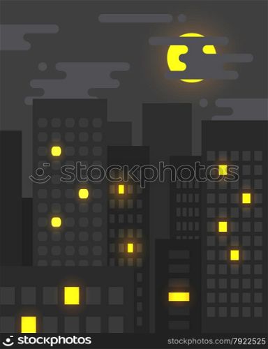 Flat style cityscape at night with light in some of the windows still on, big city life