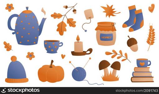 Flat style collection of cozy home items for autumn season. Leaves, pumpkin, hat, burning candles, books, kettle and hot drinks in a mug and cups for a warm atmosphere. Vector illustration.. Flat style collection of cozy home items for autumn season. Vector illustration.